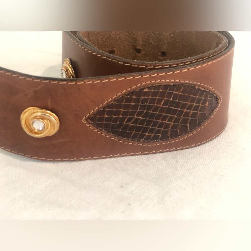 Vintage Brown Leather Wide Belt Gold Rhinestone by Robinia Size 80/Small - Picture 4 of 6